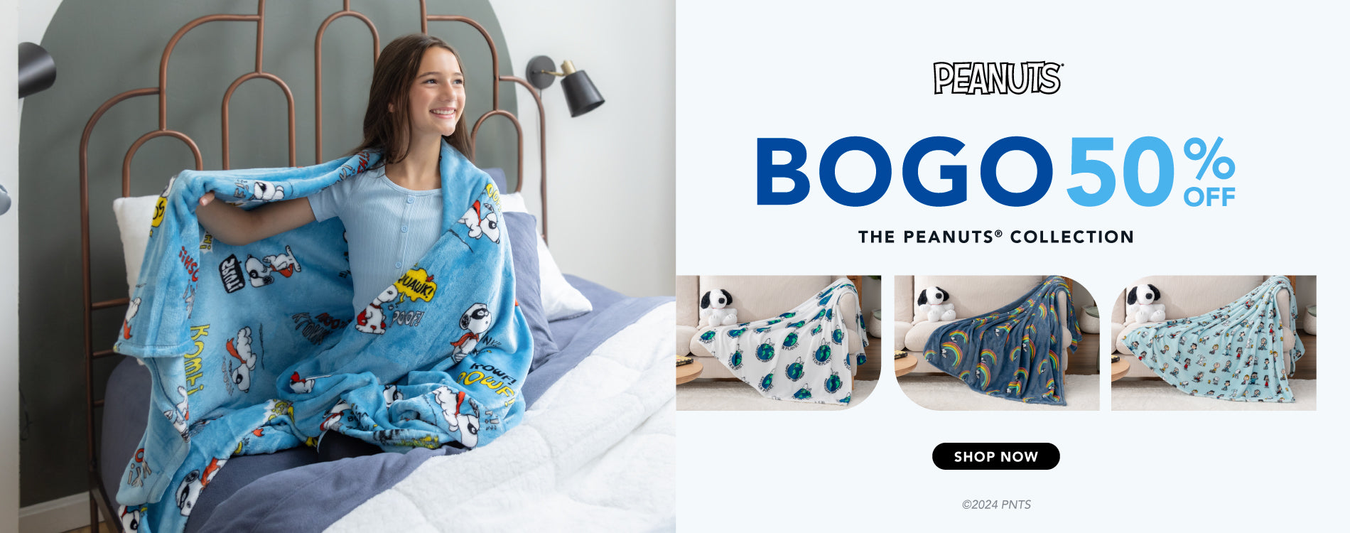 BOGO 50% everything in our Peanuts collection featuring a variety of fun prints in our Peanuts VelvetLoft Throw.