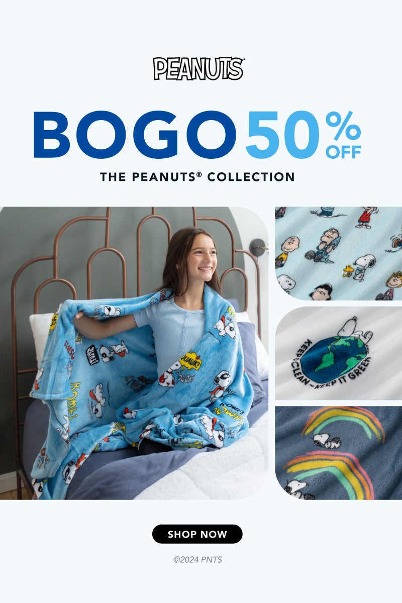 BOGO 50% everything in our Peanuts collection featuring a variety of fun prints in our Peanuts VelvetLoft Throw.