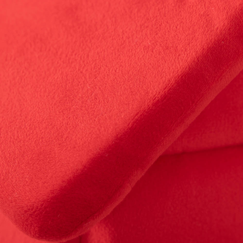 Close up of our red Peanuts Snoopy Dog house pet bed's fabric.