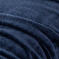 A close-up of a dark blue velvet blanket showing its soft, smooth texture.