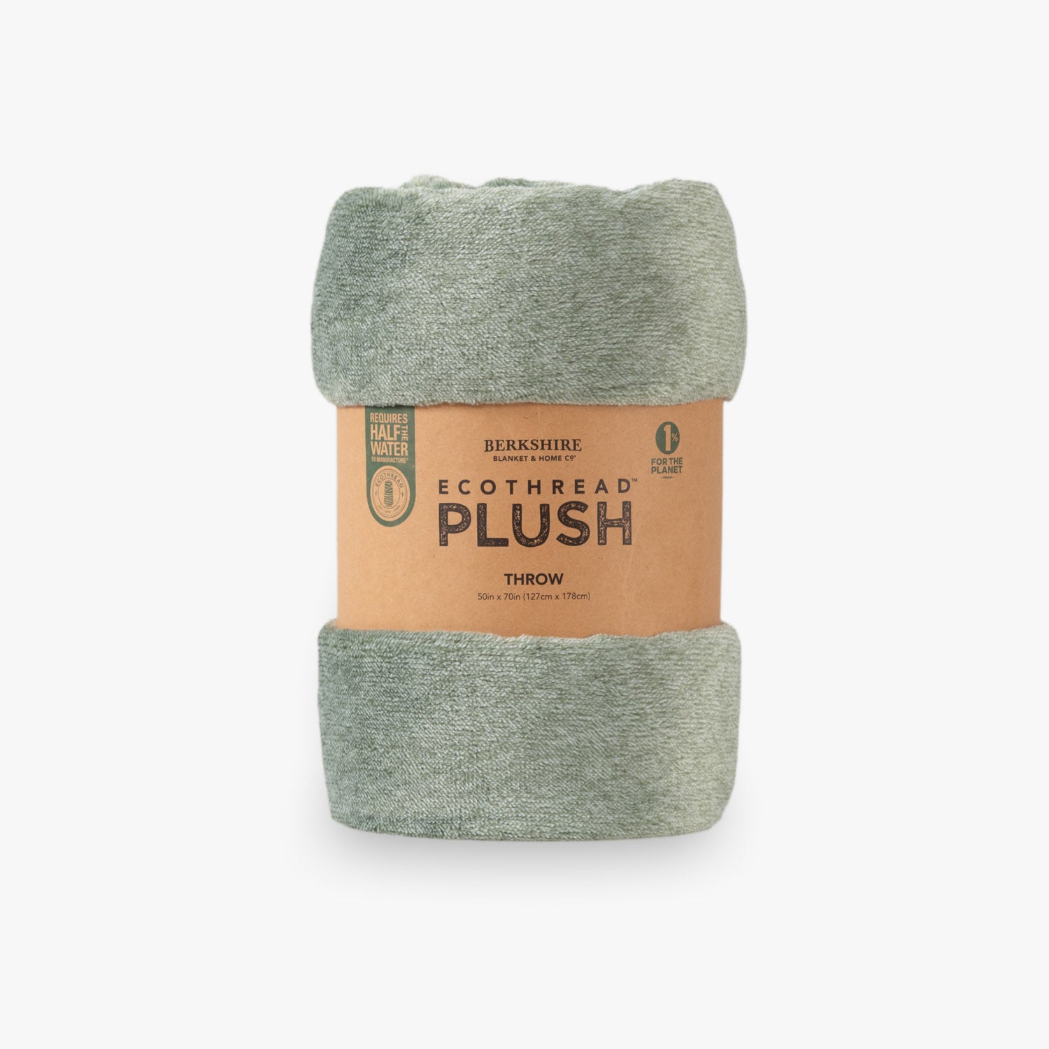 Green plush throw blanket with Berkshire Ecothread packaging on a white background