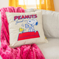 Peanuts social club pillow sitting on a sofa with a pink throw.