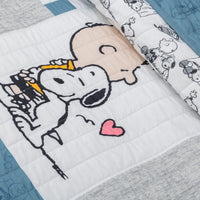 Close up of a Peanuts patchwork quilt set.