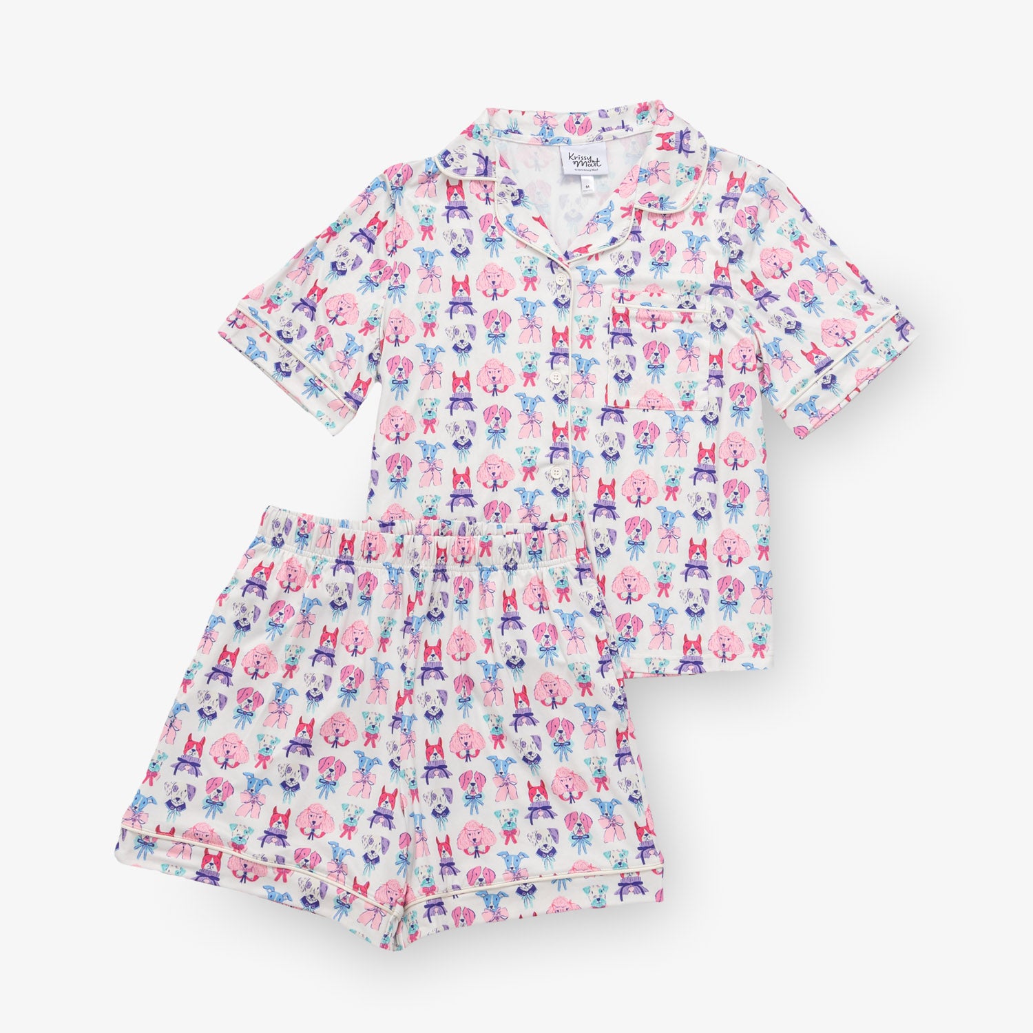 Krissy Mast dog printed lounge set laid flat on a white surface.