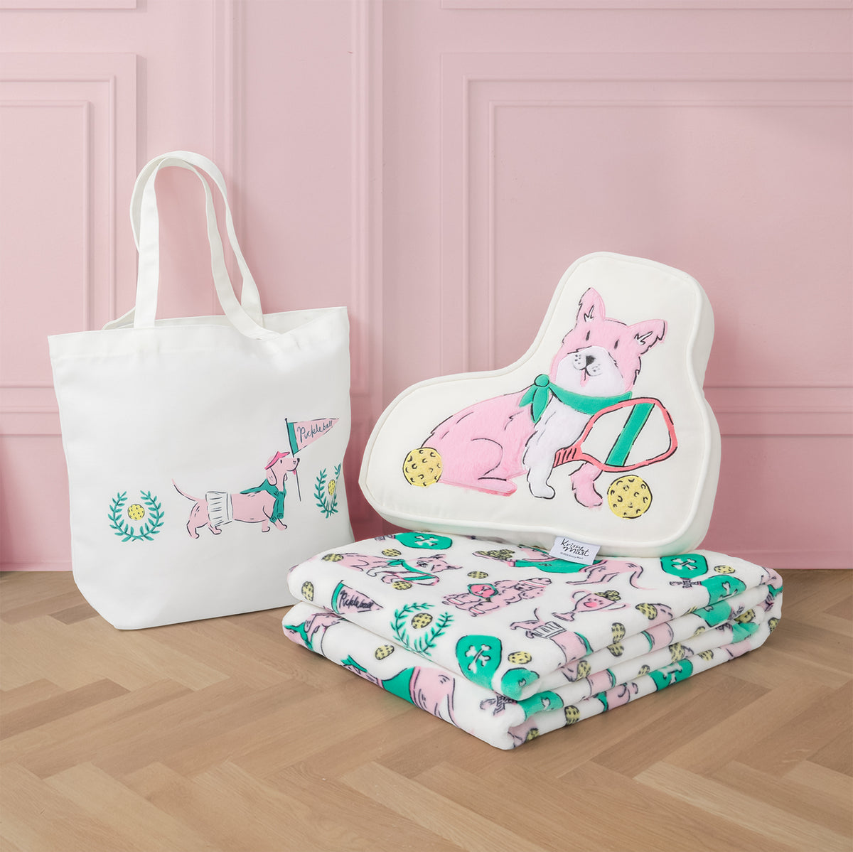 Pickleball pups gift set including a tote, pillow, and throw.