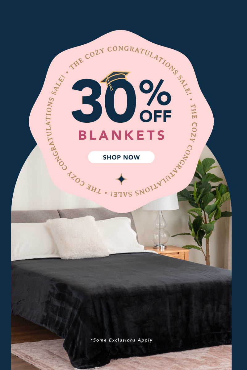 The cozy congratulations sale featuring 20% off sitewide and 30% off blankets for those 2024 graduates!