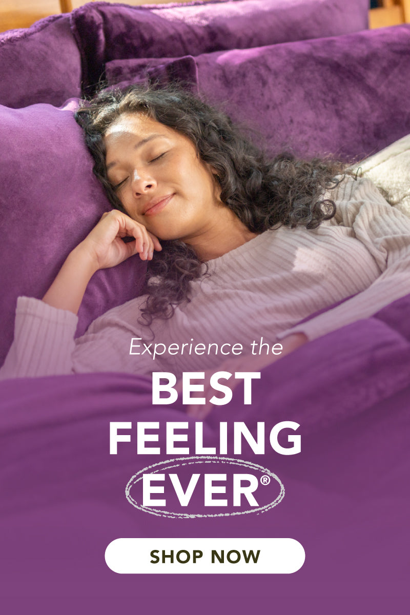 Experience the Best Feeling Ever®. Shop Now. Image of purple bed with girl sleeping.