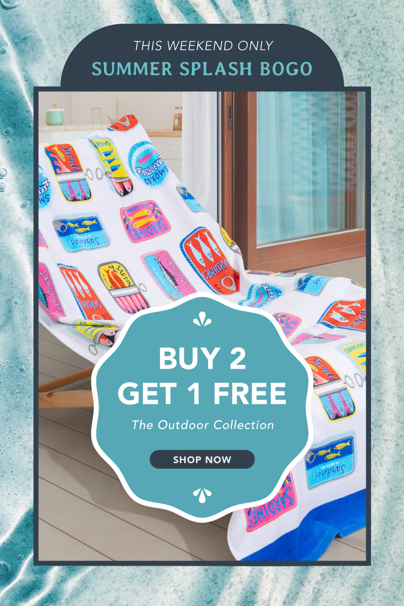 This weekend only: summer splash BOGO. Buy 2 get 1 free. the outdoor collection. Shop now. Image of a beach towel and rippling water.