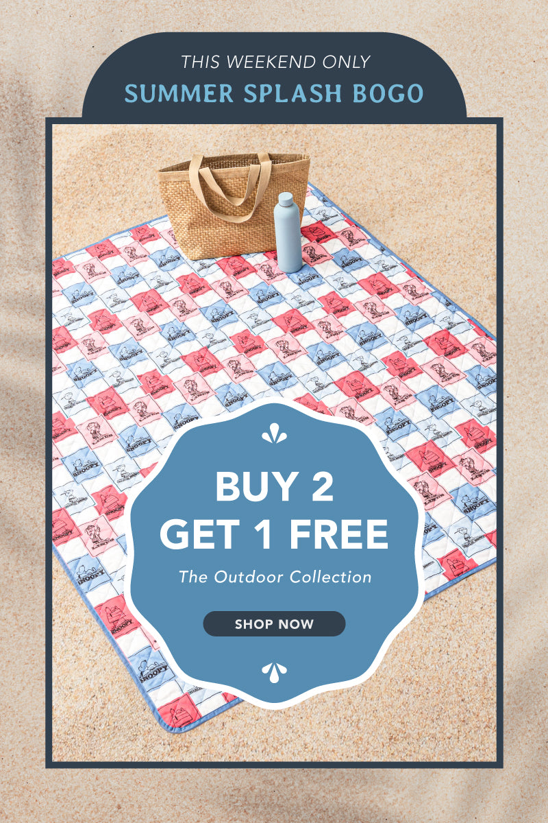 This weekend only: summer splash BOGO. Buy 2 get 1 free. the outdoor collection. Shop now. Image of an outdoor throw on beach sand.
