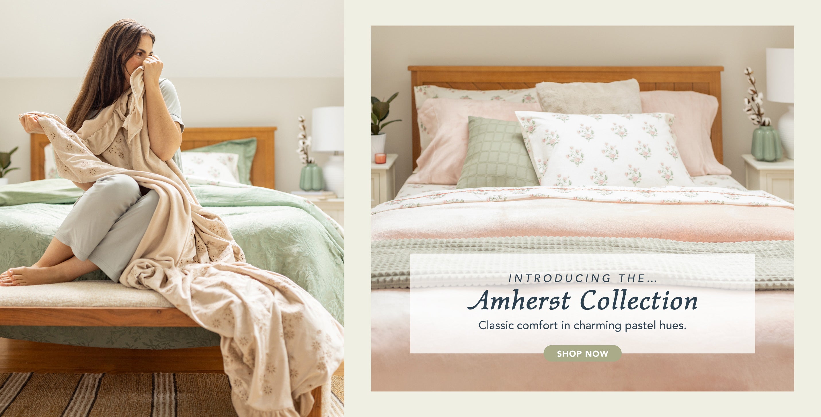 Title: The Amherst Collection
Subtitle: Classic comfort in charming pastel hues.
Image: Woman in a room styled with pink and green pastel products.