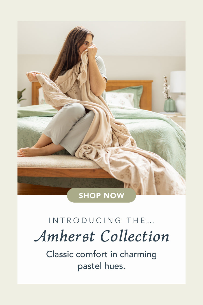 Title: The Amherst Collection
Subtitle: Classic comfort in charming pastel hues.
Image: Woman in a room styled with pink and green pastel products.