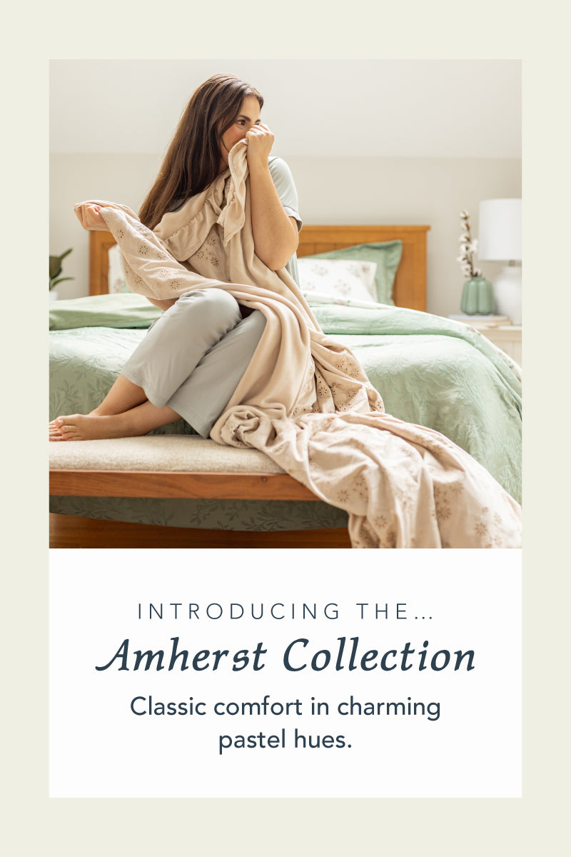 Title: The Amherst Collection
Subtitle: Classic comfort in charming pastel hues.
Image: Woman in a room styled with pink and green pastel products.
