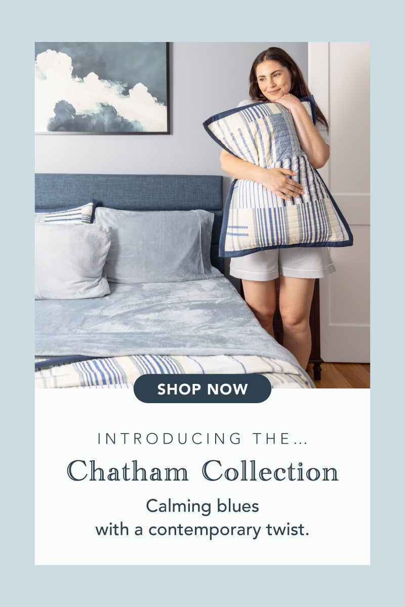 Title: The Chatham Collection
Subtitle: Calming blues with a contemporary twist.
Image: Woman standing in a room styled with various blue toned products.