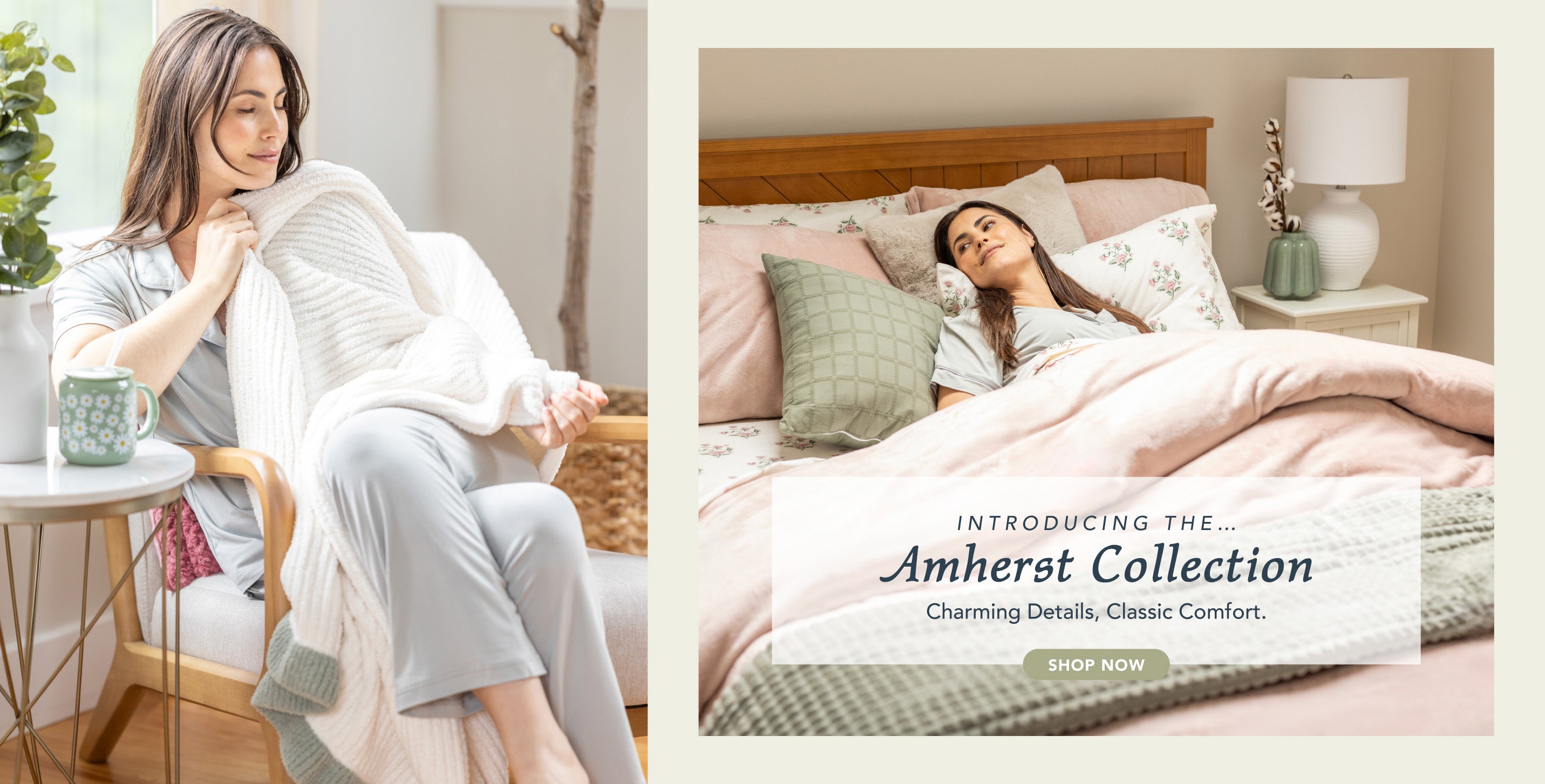 Title: The Amherst Collection
Subtitle: Classic comfort in charming pastel hues.
Image: Woman in a room styled with pink and green pastel products.