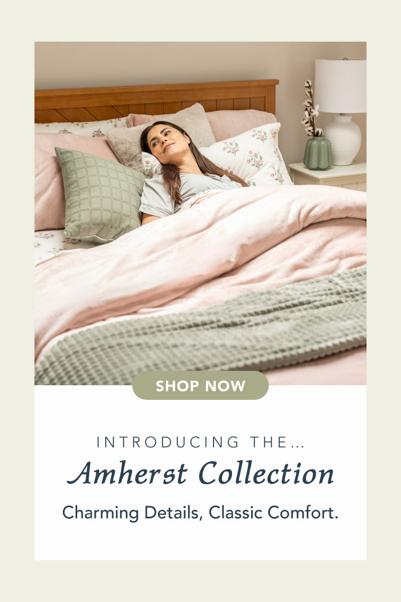 Title: The Amherst Collection
Subtitle: Classic comfort in charming pastel hues.
Image: Woman in a room styled with pink and green pastel products.