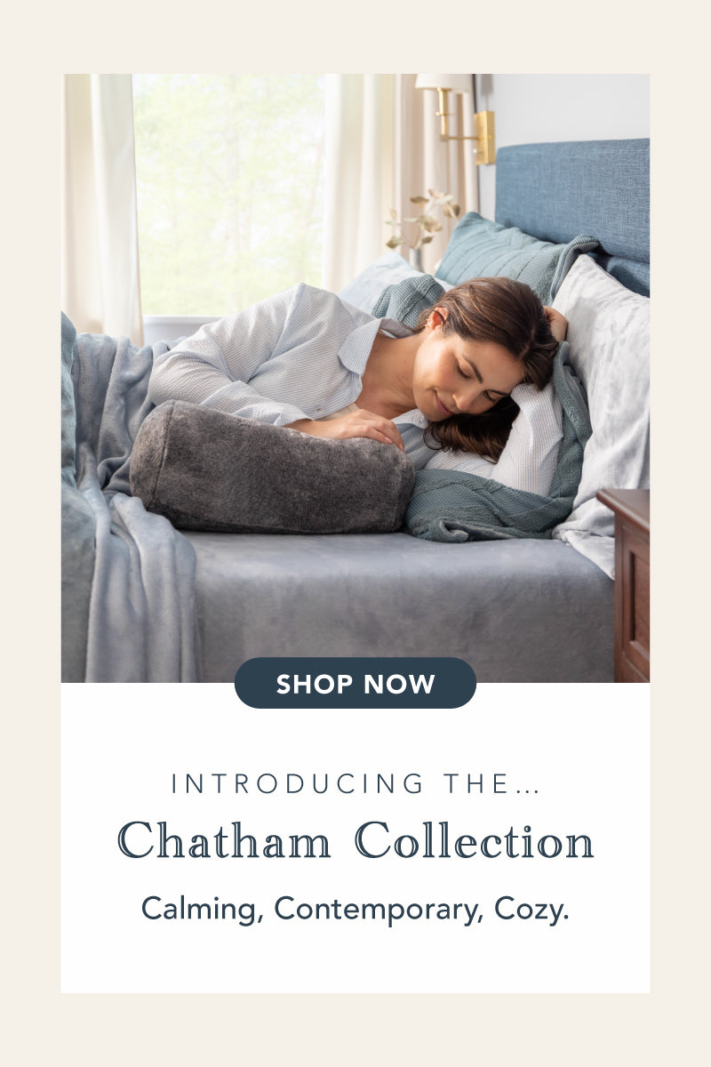Title: The Chatham Collection
Subtitle: Calming blues with a contemporary twist.
Image: Woman standing in a room styled with various blue toned products.