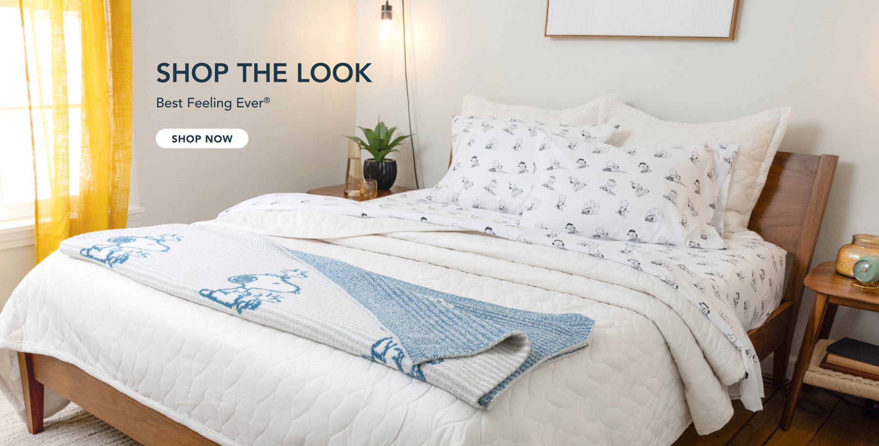 Shop The Look. Best Feeling Ever®. Image of bed styled with white and blue products.
