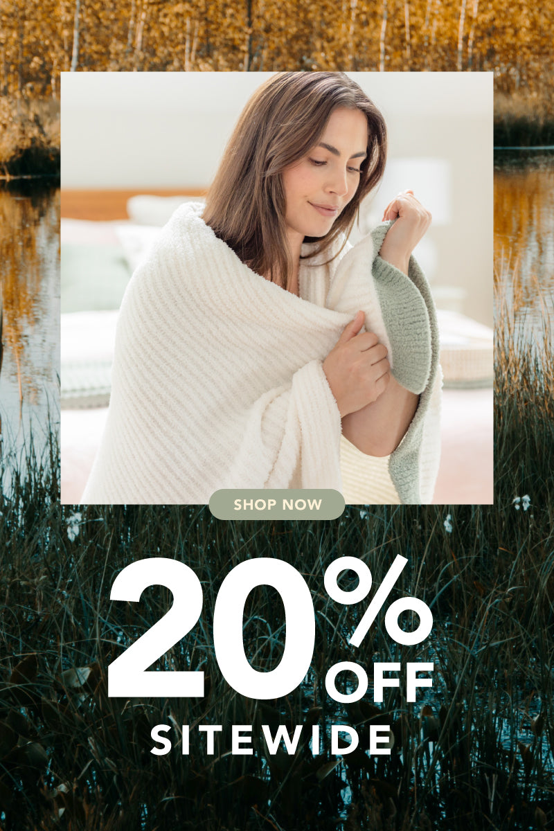 20% off sitewide. Image of a blue velvet loft throw, model with a mellowsoft throw, and nature scene in orange and blue colors.