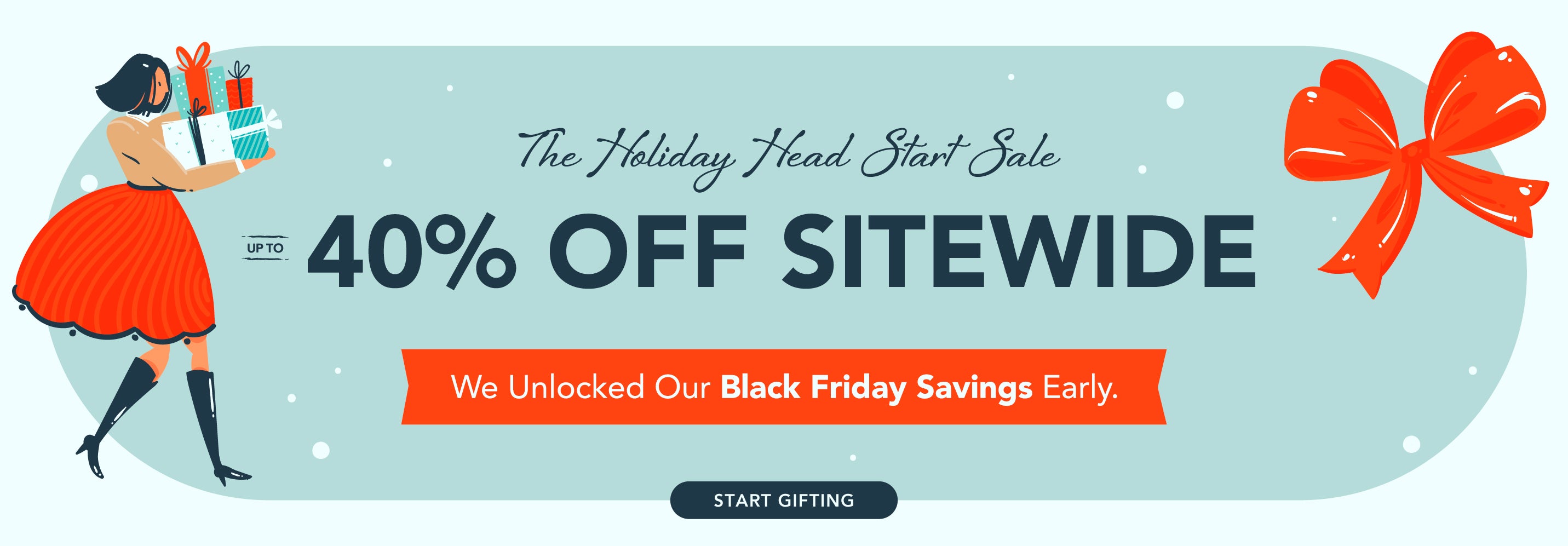 Title: The Holiday Heat Start Sale! Up to 40% Off Sitewide
Sub-Title: We Unlocked Our Black Friday Savings Early.
CTA: Start Gifting