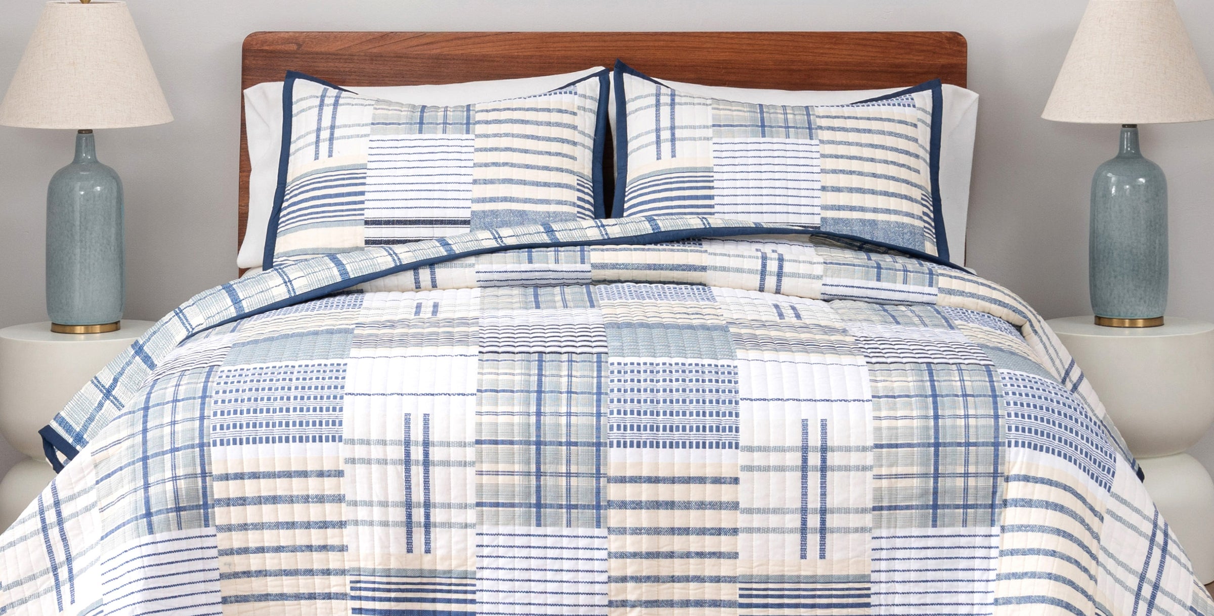 Image of a striped blue and white quilt