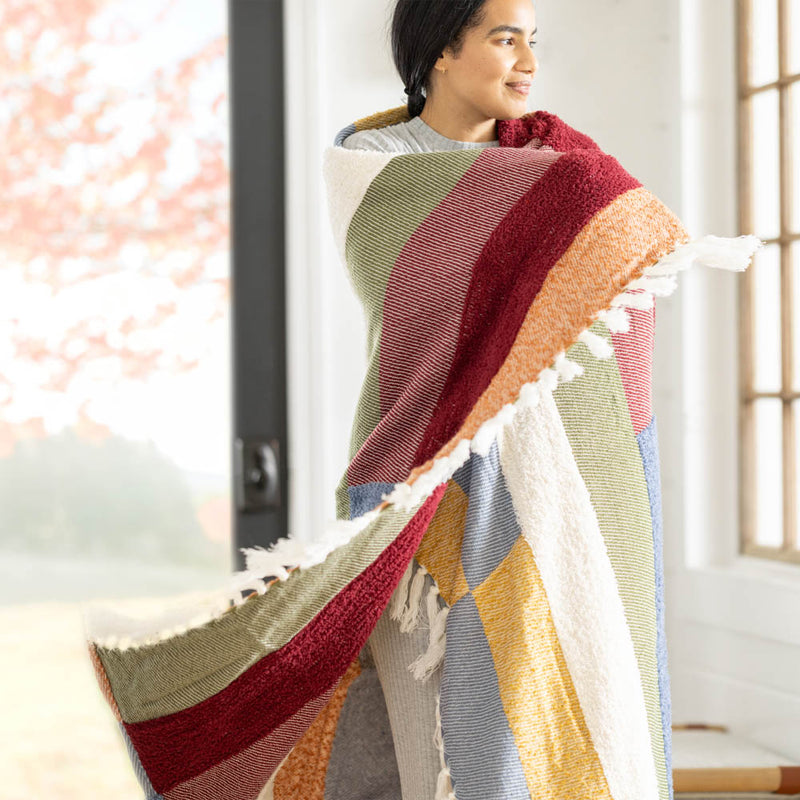 Color Block Tassel Knit Throw