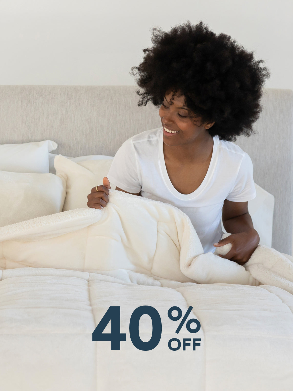 40% off bedding collection image featuring our Reversible VelvetLoft Sherpa Comforter Set!