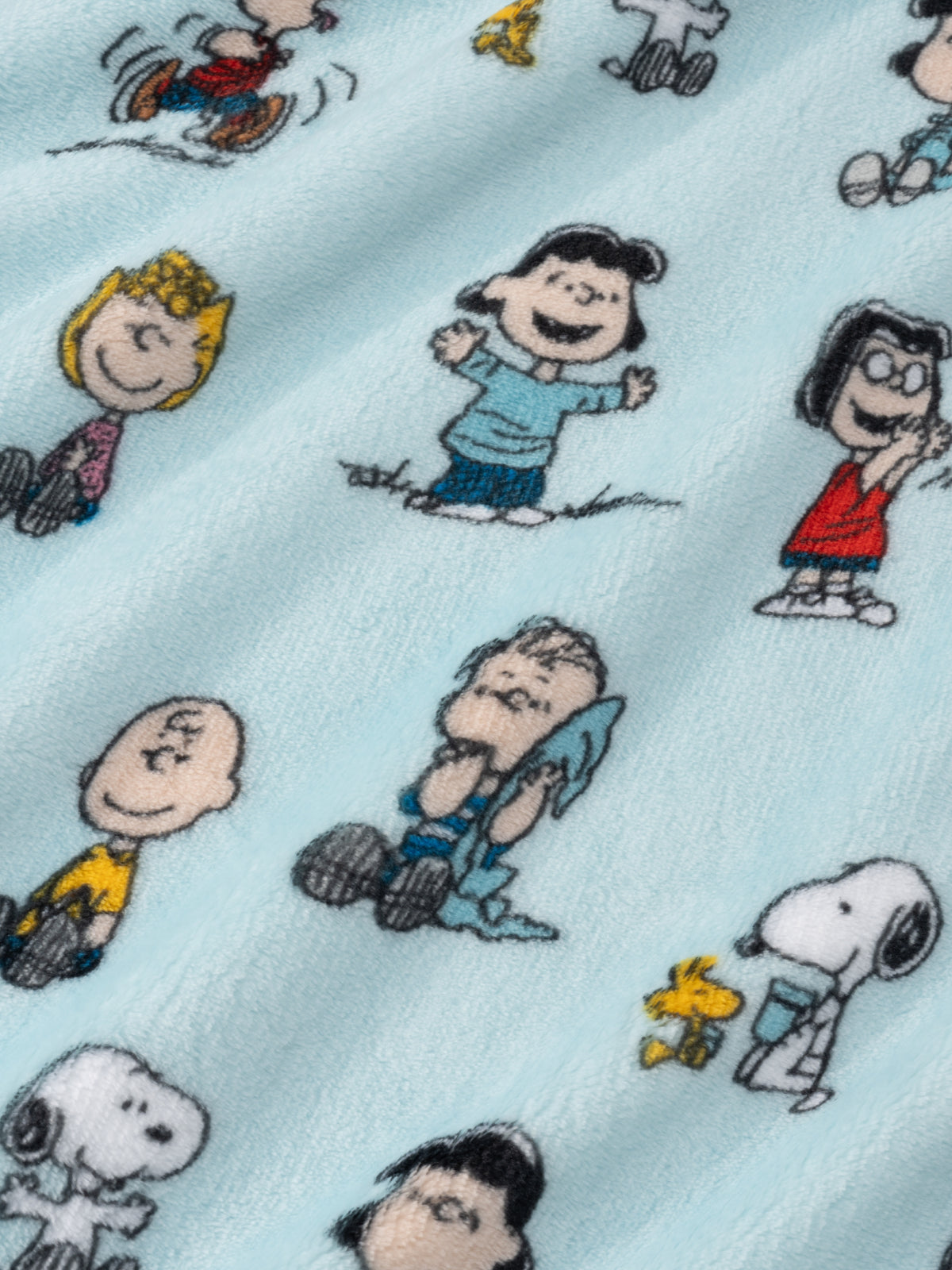 Printed Throws collection image featuring a close up of our Peanuts VelvetLoft Throw in Peanuts Gang Aqua.