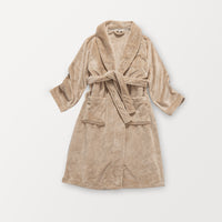 A tan VelvetLoft Luxury Plush Spa Robe laid flat on a white surface.