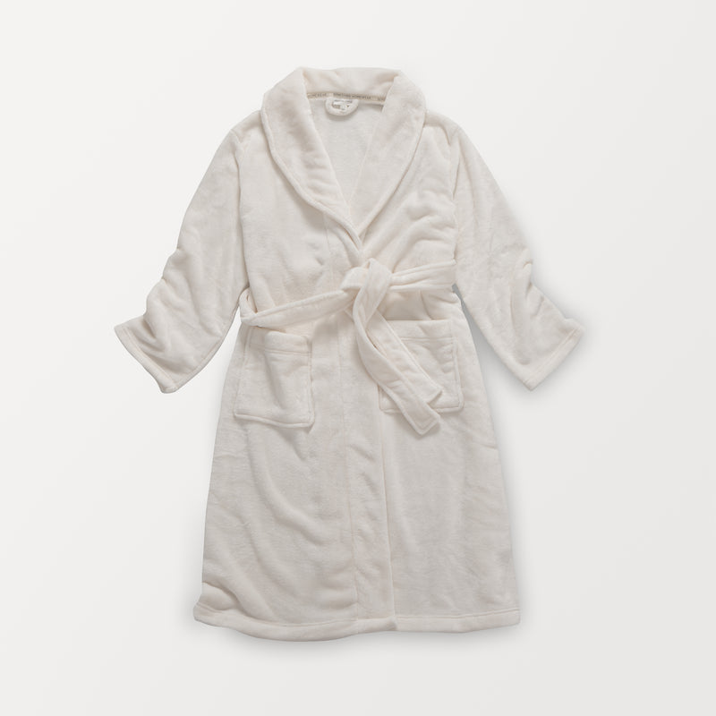 A white VelvetLoft Luxury Plush Spa Robe laid flat on a white surface.