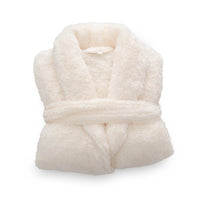 Folded Cream Extra Fluffy Robe on white background. 