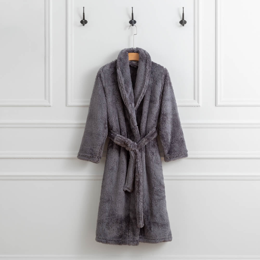 Smoke Extra Fluffy Robe hanging from hook