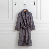 Smoke Extra Fluffy Robe hanging from hook