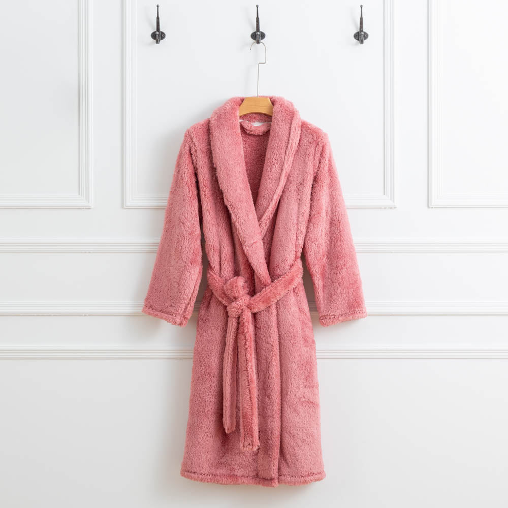 Sunset Rose Extra Fluffy Robe hanging from hook