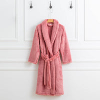 Sunset Rose Extra Fluffy Robe hanging from hook