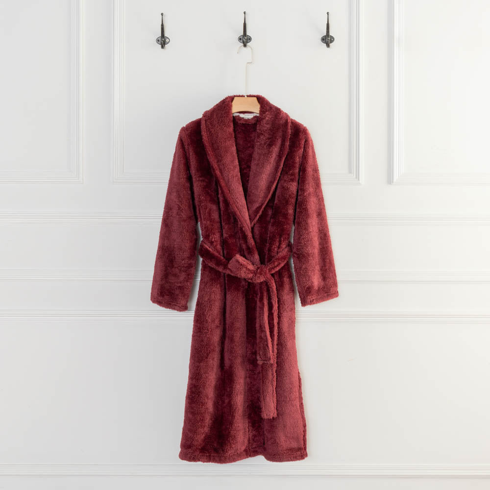 Windsor Wine Extra Fluffy Robe hanging from hook