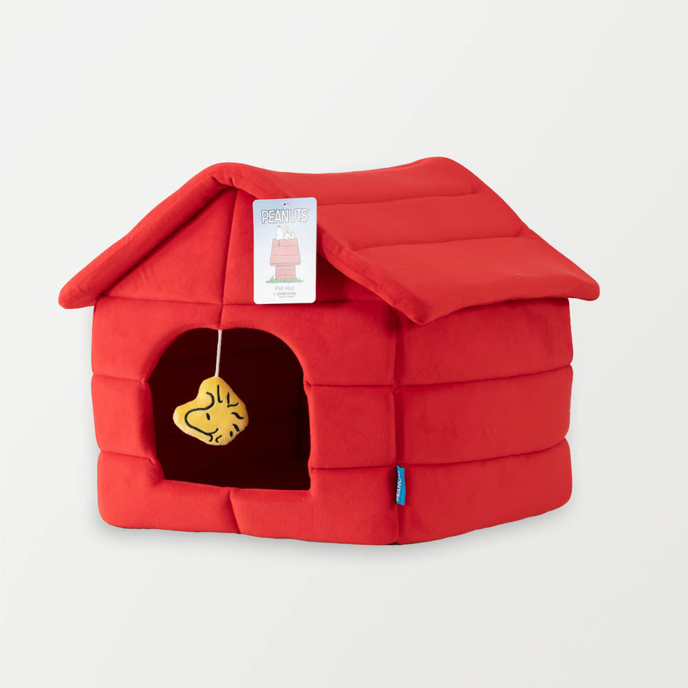 Side angle view of our red Peanuts Snoopy Dog House Pet Bed.