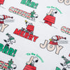 Christmas-themed fabric with Snoopy and Woodstock illustrations and holiday text on a white background.