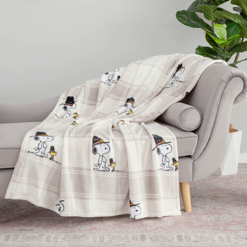 A neutral plaid snoopy and woodstock throw draped neatly over the arm of a grey chair.