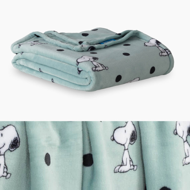 A blue polka dot snoopy throw folded neatly on a white surface with a close up image underneath.