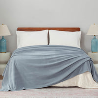 Polartec Softec Microfleece blanket in polar blue, draped elegantly over a white bed.