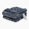 A blue fair isle printed heated Faux Fur Throw folded neatly on a white surface.