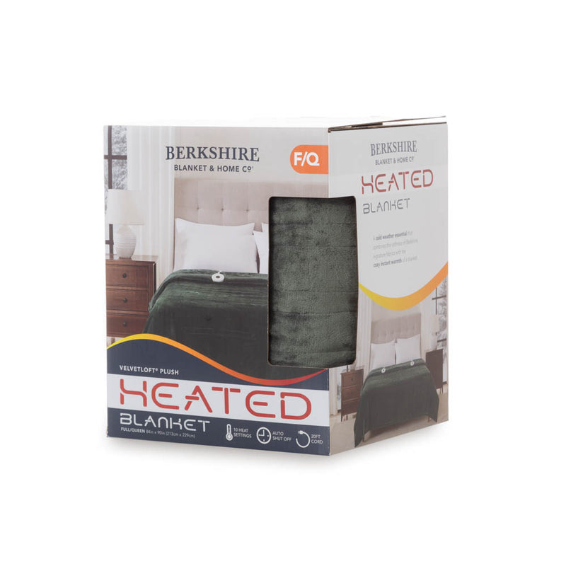 Packaging box for the green heated blanket, highlighting product details.