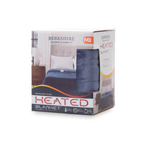 Packaging box for the blue heated blanket, showing product details and an image of the blanket.