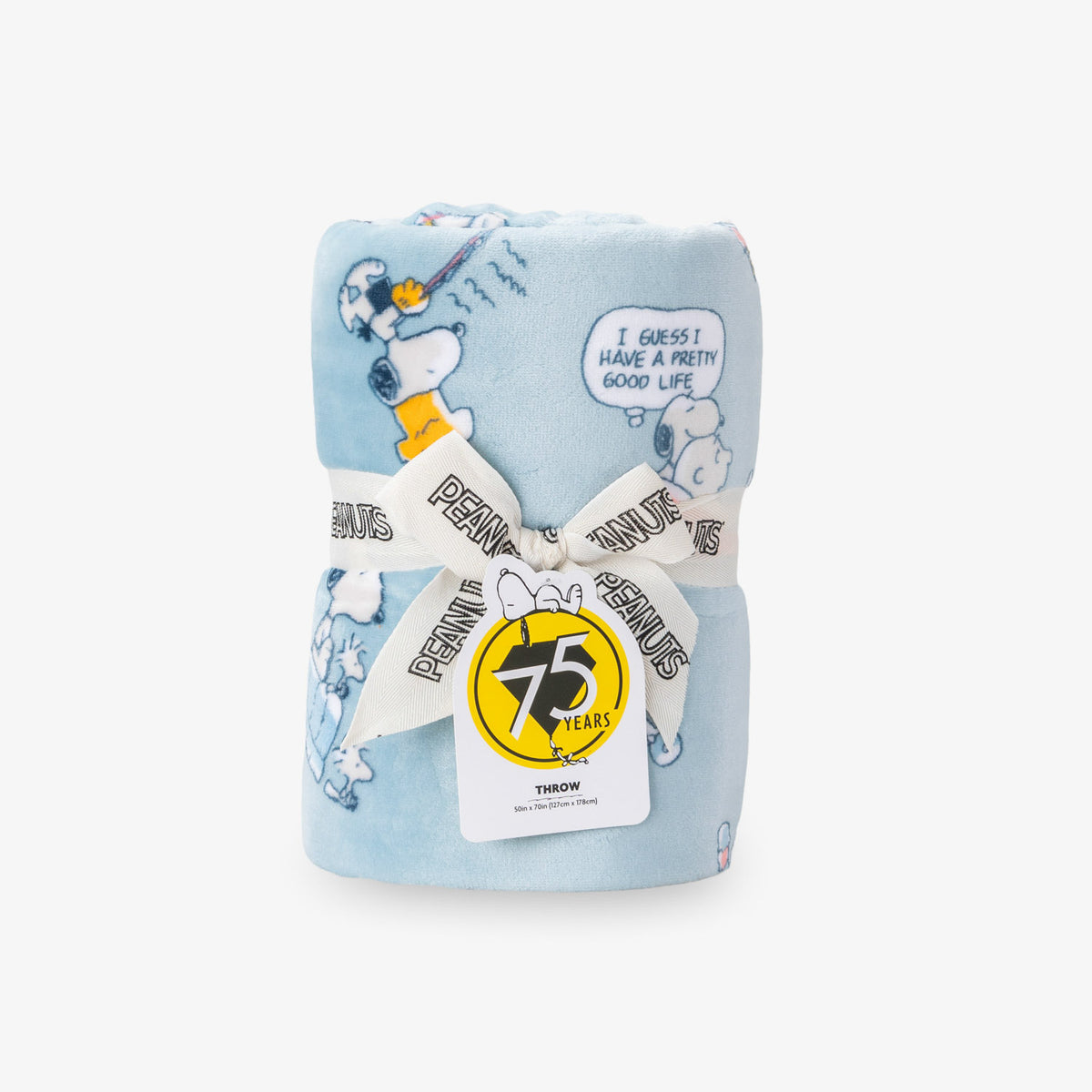 Blue Peanuts 75th Anniversary Throw rolled neatly on a white surface.