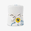 Peanuts striped MellowSoft Throw rolled on a white surface.