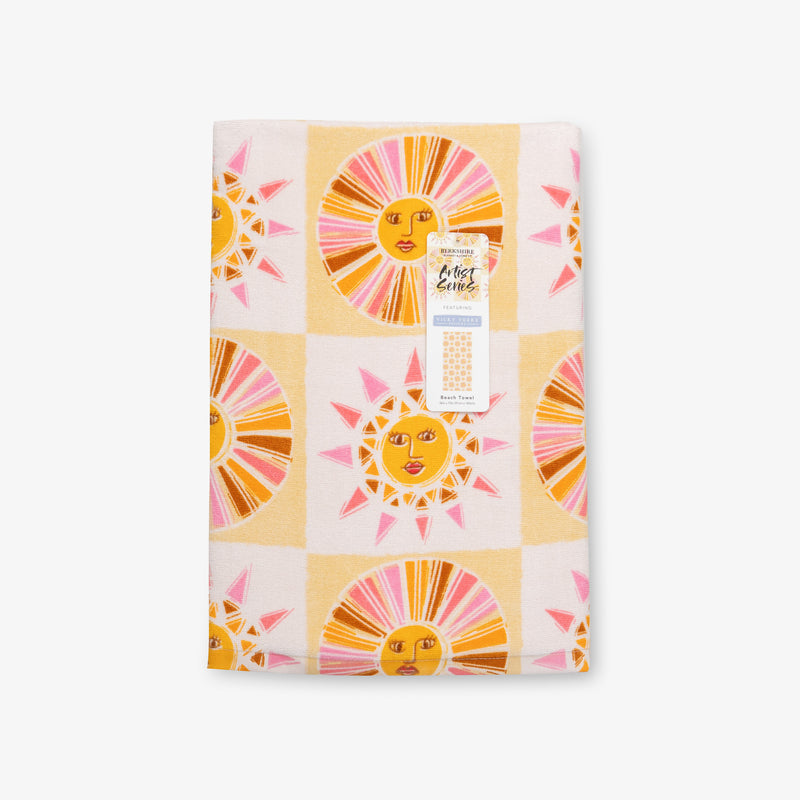 Vicky Yorke Summer Nostalgia beach towel folded neatly on a white surface.