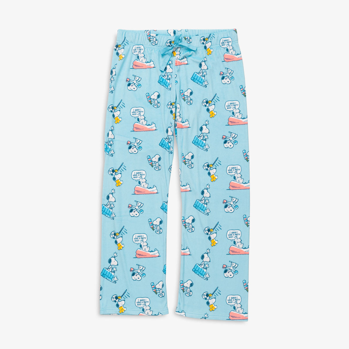 Peanuts 75th Anniversary printed lounge pants laid flat on a white surface.