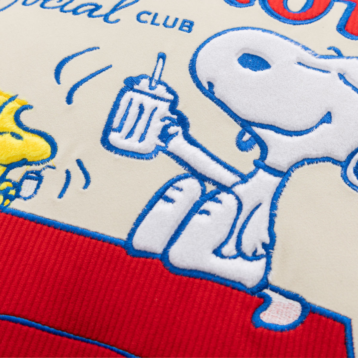 Close up of a Peanuts Social Club Pillow, displaying the embroidery.