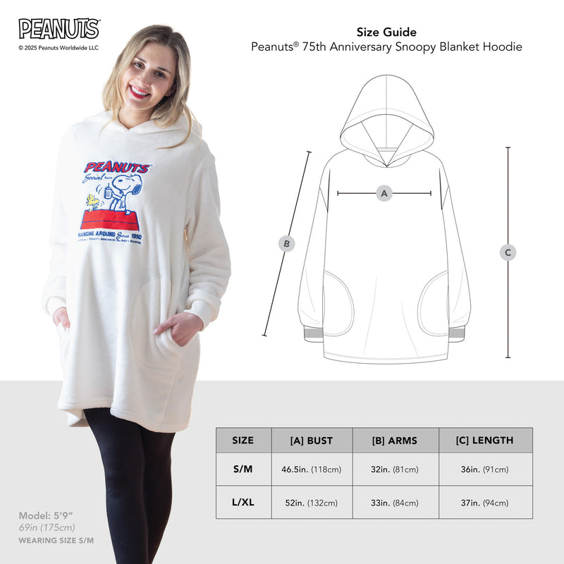 Size guide of a Peanuts social club embroidered lounge hoodie in sizes S/M and L/XL.