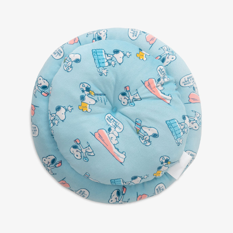 Bottom view of a blue Peanuts pet bed on a white surface.